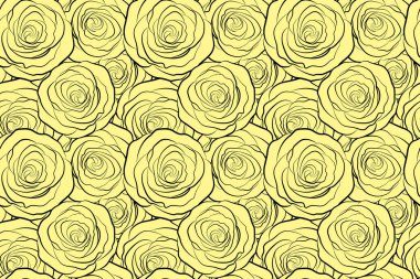 Üzerinde köpek gülü silueti olan çiçek kartı. Soyut sarı güller çizimi. Çiçek arkaplanı. Klasik tek renkli köpek gül desenli. El çizimi, kusursuz çiçek deseni. Vahşi gül tasarımı.