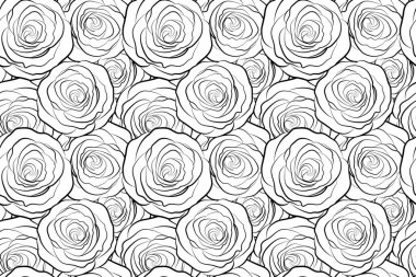 Beyaz arkaplanda, soyut siyah gül çiçeklerinin kusursuz tek renkli deseni..