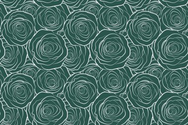 Kusursuz monokrom çiçeği. Yeşil renklerde, pürüzsüz gül desenli arka plan, retro botanik tarzı. Şık çiçek deseni.