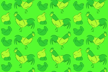 Kusursuz şekilli horoz, tavuk, penis, delikli tavuk ve renkli arka planda lekeler. Renksiz penis ve tavuk arka planı. El çizimi.