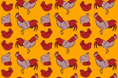 Kusursuz şekilli horoz, tavuk, penis, delikli tavuk ve renkli arka planda lekeler. El çizimi. Renksiz penis ve tavuk arkaplanı.