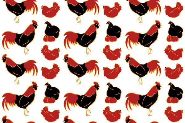 Seamless Pattern Stylized Rooster Hen Cock Chicken Hole Spots Colored — Stock Photo, Image