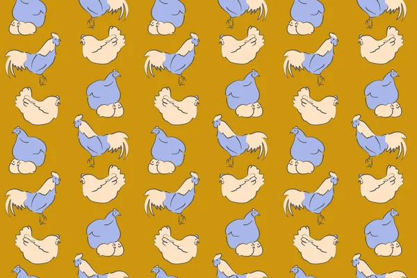 様式化された鶏のシームレスなパターン その後 コック 色の背景に穴とスポットを持つ鶏 手描き カラーフィルシームレスコックとその後背景色 — ストック写真