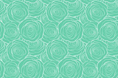 Kusursuz desenli yeşil gül çiçekleri silueti, çiçekli monokrom çizimi klasik tarzda..