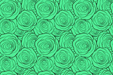 Yeşil renkli gül çiçekleri, sıçramalar, karalamalar ve stilize çiçeklerle soyut monokrom arka plan kompozisyonu. Yaz zamanı çiçeksiz desen.