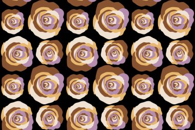 Dikensiz gül çiçekli kumaş deseni. Siyah arkaplan üzerinde kahverengi renkli, çiçeksiz desen. Çok renkli gül çiçeklerinin çiçek deseni.