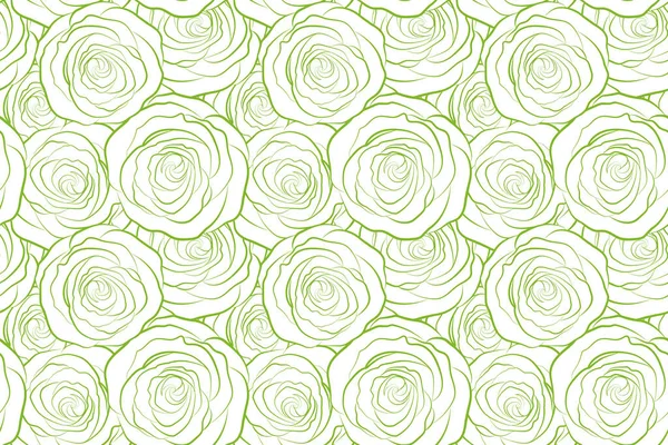 单色绿色玫瑰无缝图案 手绘草图 白色背景上有绿色的抽象玫瑰花 花卉卡片的设计 — 图库照片