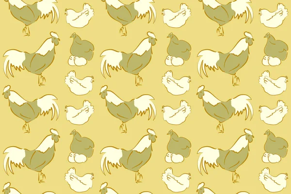 Colorfil seamless cock and hen background. Seamless pattern of stylized rooster, hen, cock, chicken with hole and spots on colored background. Hand drawn.