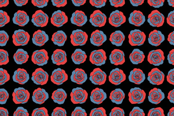 Flower blossom petal blooming illustration. Rose seamless pattern on a black background. Spring abstract background with blue and red roses.