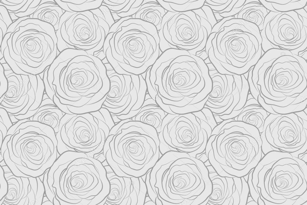 Seamless floral border. Isolated rose flowers silhouette in gray colors.