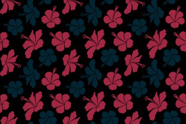 Klasik tropikal amber çiçekleri. Siyah arkaplanda mavi ve kırmızı renklerde desen.