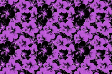 Siyah ve menekşe çiçekli kusursuz çiçek deseni, suluboya. Çiçek illüstrasyonu. Çiçek motifli kusursuz desen.