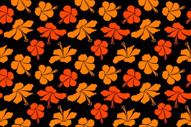 Kusursuz tropikal çiçek, ambar deseni. Siyah arkaplanda turuncu renkli bir resim.