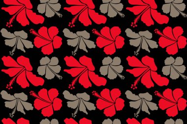 Siyah arka planda kırmızı ve bej renkli bir resim. Kusursuz tropikal çiçek, ambar deseni.