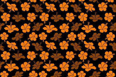 Hawaii Aloha gömleğinin kusursuz desenli turuncu ve kahverengi renkli, siyah arka planda kusursuz tasarımı..