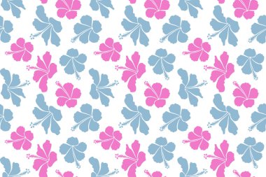 Hibiscus çiçekleri ve tomurcukları beyaz arkaplanda pembe ve mavi renkli retro pürüzsüz desenler çizer.