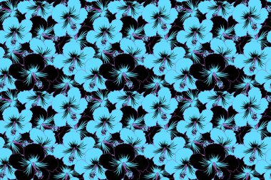 Hibiscus çiçekleri ve tomurcukları retro pürüzsüz desen çizimleri siyah ve mavi renklerde.