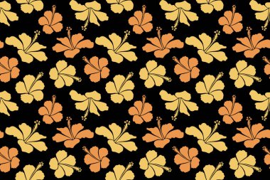 Hibiscus çiçekleri ve tomurcukları siyah arkaplanda sarı renkli retro pürüzsüz desenler çizer.