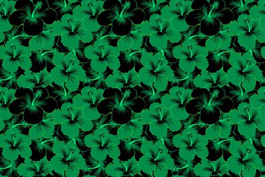 Tarzsız çiçek motifleri, çiçekler, delikler, noktalar, karalamalar. Hibiscus çiçekleri siyah ve yeşil renklerde. El çizimi. Kusursuz çiçek arkaplanı.
