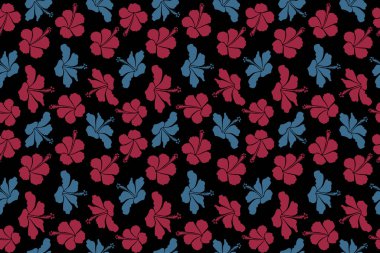 Siyah arkaplanda mavi ve kırmızı renklerde Hibiscus çiçekleri.