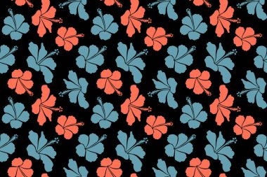 Tropikal bitkiler ve mavi ve kırmızı renkte amber çiçekleri ile yaz Hawaii 'de pürüzsüz desen. Siyah bir arkaplanda resim.