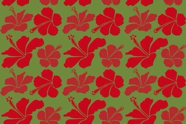 Pattern for summer fashion, interior, wallpaper. Seamless tropical design with hibiscus in green and red colors. Exotic flowers in allover composition.