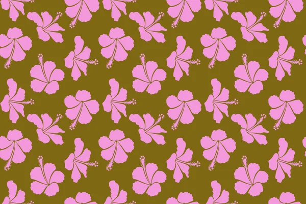 ジャングルの開花 ハイビスカスのシームレスなパターン モトリーのイラスト ベージュ ブラウン ピンクの熱帯の花とシームレスなエキゾチックなパターン — ストック写真