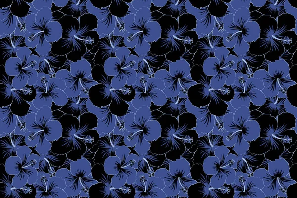 Design Flor Padrão Sem Costura Exótica Preto Azul Hibisco Fundo — Fotografia de Stock