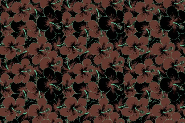 Tropical leaves and black and brown flowers seamless pattern. Hand painted illustration in black and brown colors.