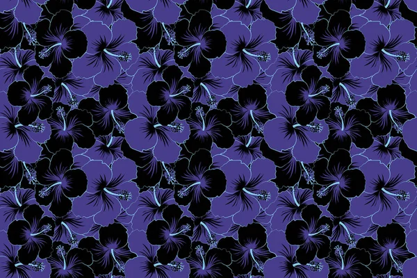 Adorno Negro Azul Flores Simples Hibisco Patrón Abstracto Sin Costura — Foto de Stock