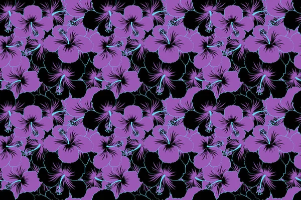 Seamless Tropical Flowers Black Violet Colors Hibiscus Seamless Pattern — Stock Photo, Image
