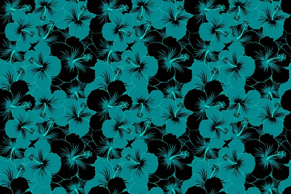 Efeito Pintura Aquarela Flores Hibisco Preto Azul Fundo Padrão Sem — Fotografia de Stock