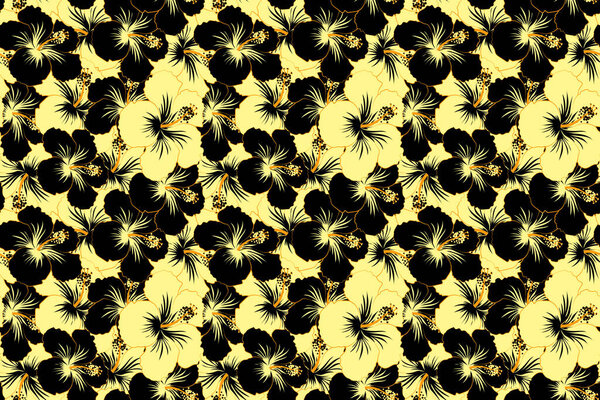 Seamless floral pattern. Seamless pattern with black and yellow hibiscus. Floral background in black and yellow colors. Seamless flower pattern.