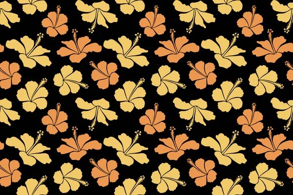 Hibiskusblüten Und Knospen Retro Nahtlose Musterillustration Gelben Farben Auf Schwarzem — Stockfoto