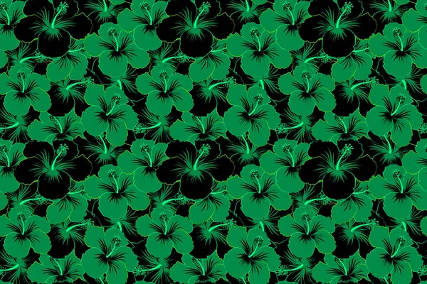Seamless pattern of stylized floral motif, flowers, hole, spots, doodles. Hibiscus flowers in black and green colors. Hand drawn. Seamless floral background.