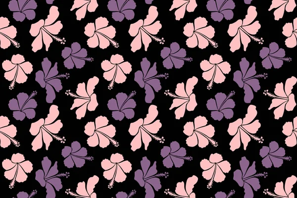 熱帯植物と黒を背景にピンクと紫の色のハイビスカスの花と明るいハワイのデザイン — ストック写真