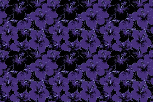 Hand Drawn Painting Black Violet Hibiscus Flowers Seamless Pattern Black — Stock Photo, Image