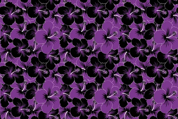 Modny Bezszwowy Wzór Kwiatowy Ilustracja Wieloma Czarnymi Fioletowymi Kwiatami Hibiskusa — Zdjęcie stockowe