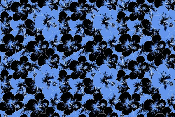 Tropical leaves and black and blue flowers seamless pattern. Hand painted illustration in black and blue colors.