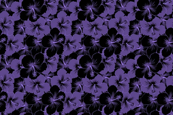 Seamless Pattern Tropical Hibiscus Flowers Black Violet Colors Watercolor Effect — Stock Photo, Image