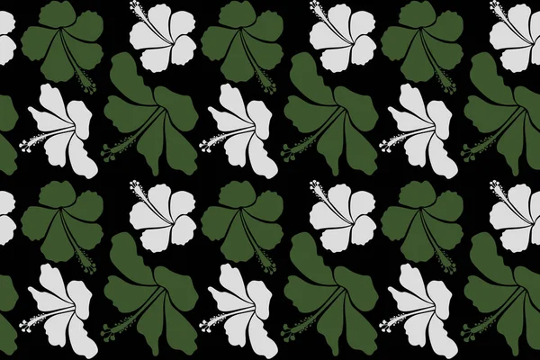 Безшовний Візерунок Тропічних Квітів Гібіскуса Зеленому Сірому Кольорах Акварельним Ефектом — стокове фото