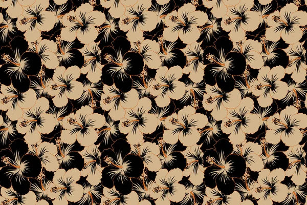 Pretty beige and black floral print. Motley seamless pattern. Hibiscus flower background.