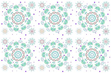 Bir dizi stilize kar taneleri. Kış, yeni yıl, beyaz arka planda basit bir Noel tasarımı. Yeşil ve menekşe renkleri üzerinde kar kristali düzenli doku.