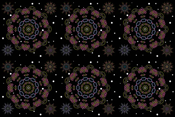 Abstract Set Floral Elements Winter Snowflakes Black Background Green Pink — Stock Photo, Image