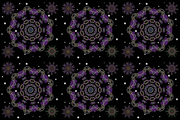 Winter sketch with arabesques, doodles and violet and yellow snowflakes. Fine greeting card. Colorful snowflakes set on black background.