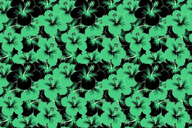 Siyah ve yeşil renkli amberçiçeği desenli kusursuz tropikal tasarım. Kompozisyonda egzotik çiçekler. Yaz modası, iç mekan, duvar kağıdı deseni.