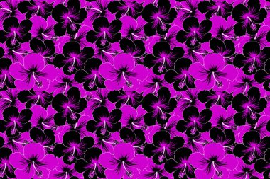 Siyah ve morumsu renklerde yaratıcı evrensel çiçek deseni. El çizimi tropik stil dokusu. İnternet, kart, poster, kumaş veya tekstil için ideal. Kusursuz amber çiçeği deseni.