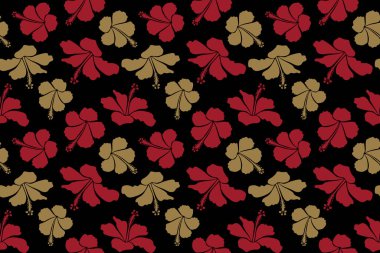 Siyah arka planda bej ve kırmızı renkli Hibiscus. Suluboya tarzında tropikal çiçeklerle kusursuz desen.