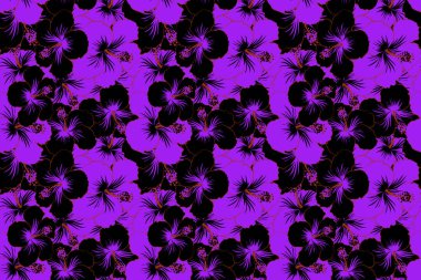 Siyah ve mor renklerde suluboya efektli tropikal amber çiçeğinin kusursuz deseni.