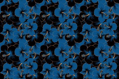 Tarzsız çiçek motifleri, çiçekler, delikler, noktalar, karalamalar. Hibiscus çiçekleri siyah ve mavi renklerde. El çizimi. Kusursuz çiçek arkaplanı.